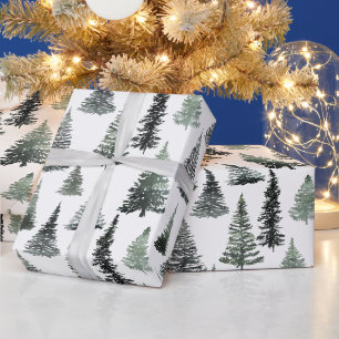Rustic Watercolor Christmas Green Pine Tree Wrapping Paper