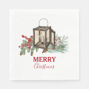 Rustic Watercolor Christmas Lantern Pine Berries Napkin