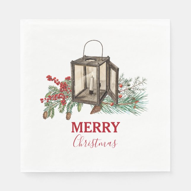 Rustic Watercolor Christmas Lantern Pine Berries Napkin (Front)