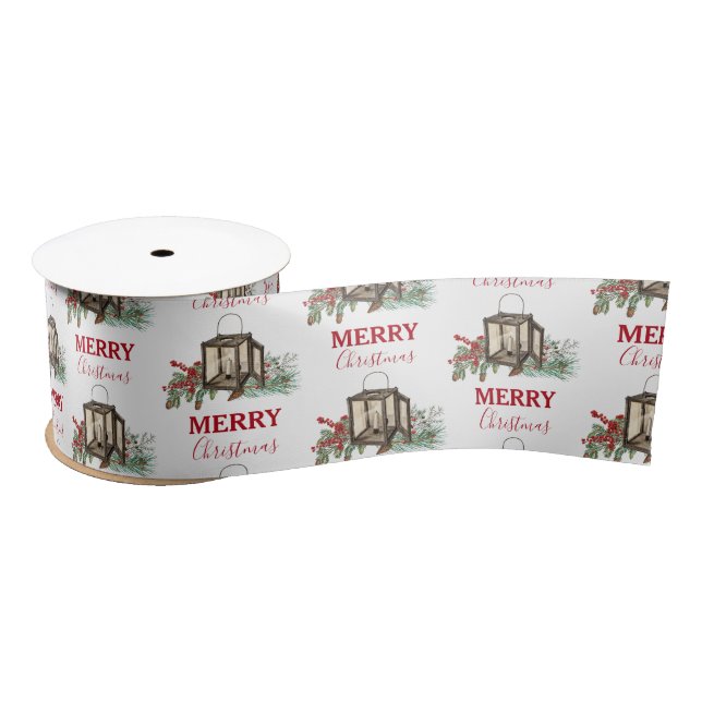 Rustic Watercolor Christmas Lantern Pine Berries Satin Ribbon (Spool)
