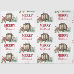 Rustic Watercolor Christmas Lantern Pine Berries Tissue Paper