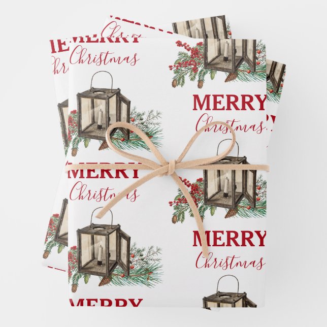 Rustic Watercolor Christmas Lantern Pine Berries Wrapping Paper Sheet (In situ)