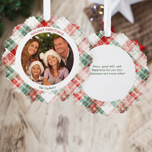Rustic Watercolor Christmas Plaid Photo Tree Decoration Card