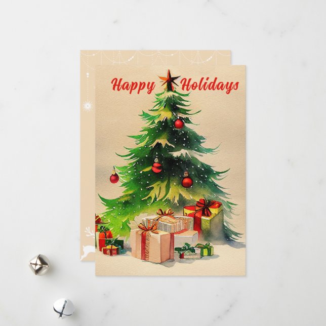 Rustic Watercolor Christmas Tree Photo Postcard (Front/Back In Situ)