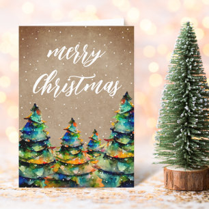 Rustic Watercolor Christmas Tree Snowflakes Holiday Card