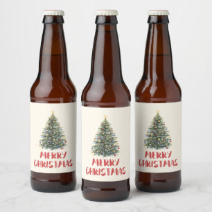 Rustic Watercolor Christmas Tree Xmas Holidays Beer Bottle Label