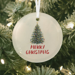 Rustic Watercolor Christmas Tree Xmas Holidays Glass Tree Decoration