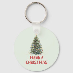 Rustic Watercolor Christmas Tree Xmas Holidays Key Ring