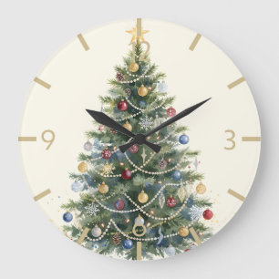 Rustic Watercolor Christmas Tree Xmas Holidays Large Clock