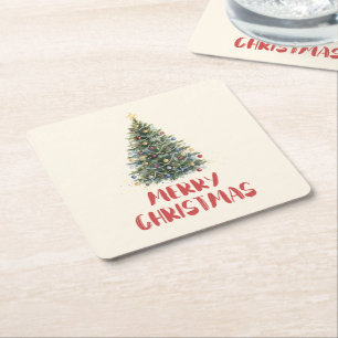 Rustic Watercolor Christmas Tree Xmas Holidays Square Paper Coaster