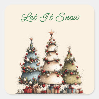 Rustic Watercolor Christmas Trees Let It Snow Square Sticker