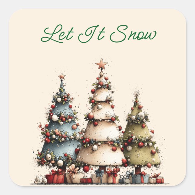 Rustic Watercolor Christmas Trees Let It Snow  Square Sticker (Front)