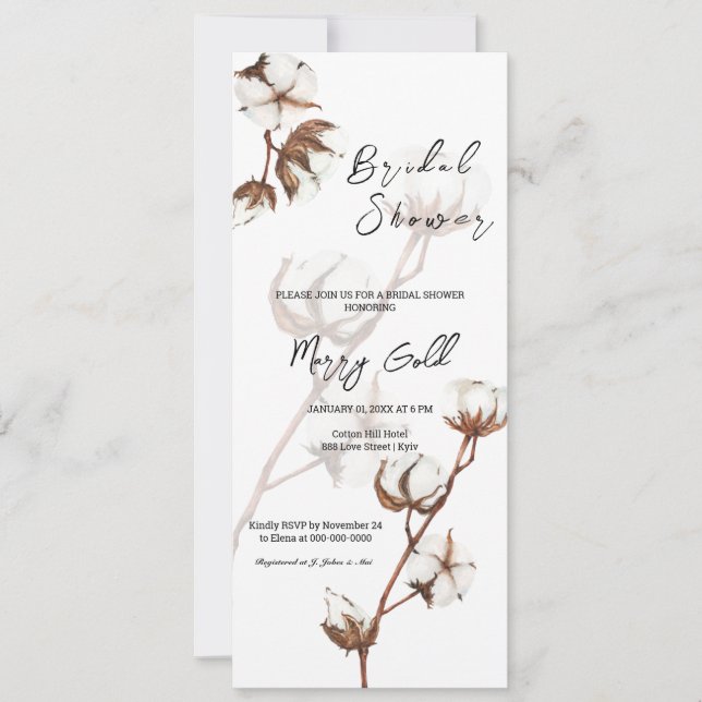 Rustic watercolor cotton Bridal Shower Invitation (Front)