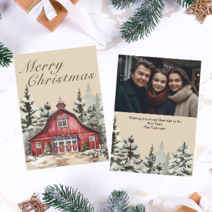 Rustic Watercolor Country Christmas Photo Holiday Card