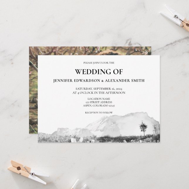 Rustic watercolor country mountain photo wedding invitation (Front/Back In Situ)