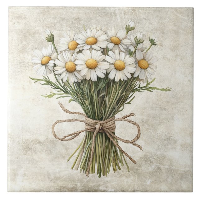 Rustic Watercolor Daisies with Twine Design Tile (Front)