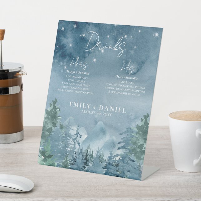 Rustic Watercolor Dark Dusk Blue Mountains Wedding Pedestal Sign (In SItu)