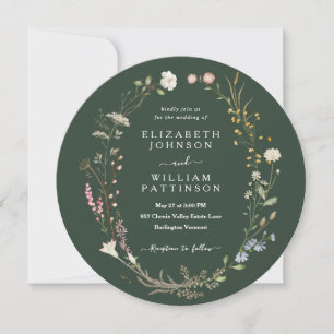 Rustic Watercolor Dark Green Wildflower Wedding Invitation