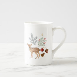 Rustic Watercolor Deer and Botanicals Christmas Bone China Mug