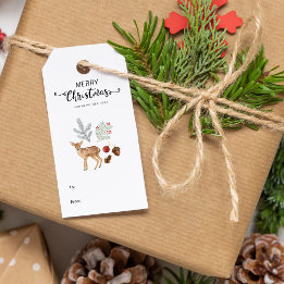 Rustic Watercolor Deer and Botanicals Christmas  Gift Tags