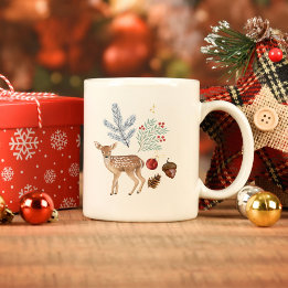 Rustic Watercolor Deer and Botanicals Christmas Large Coffee Mug