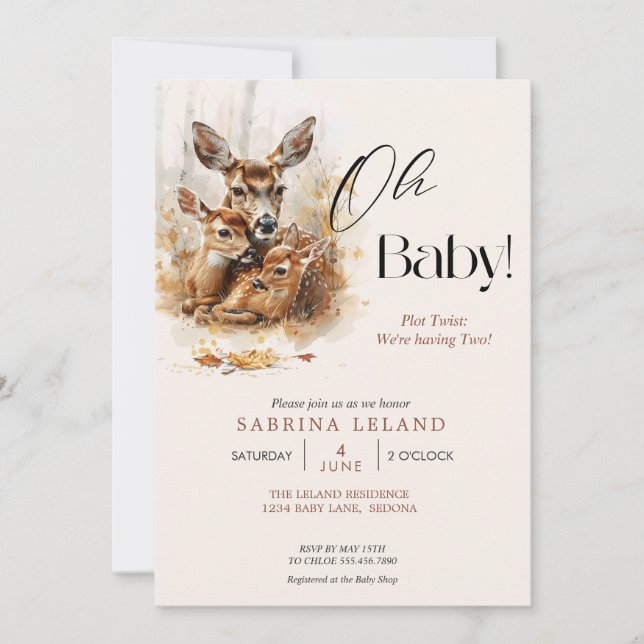 Rustic Watercolor Deer and Twin Fawns Invitation (Front)