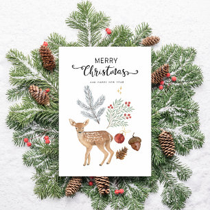 Rustic Watercolor Deer & Botanicals Christmas Holiday Card