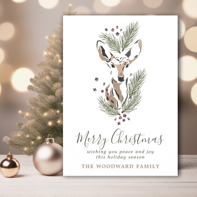 Rustic Watercolor Deer Pine Merry Christmas Card (Creator Uploaded)