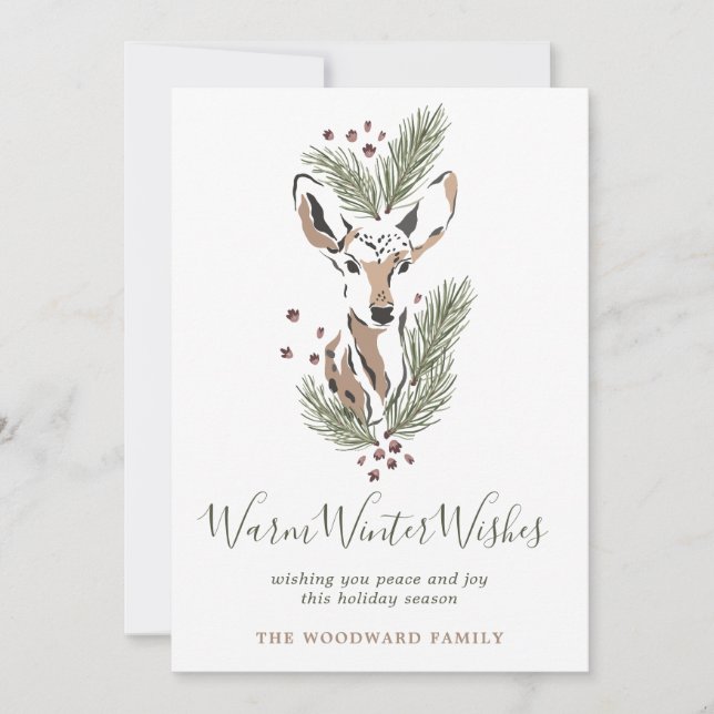 Rustic Watercolor Deer Warm Winter Wishes Holiday Card (Front)