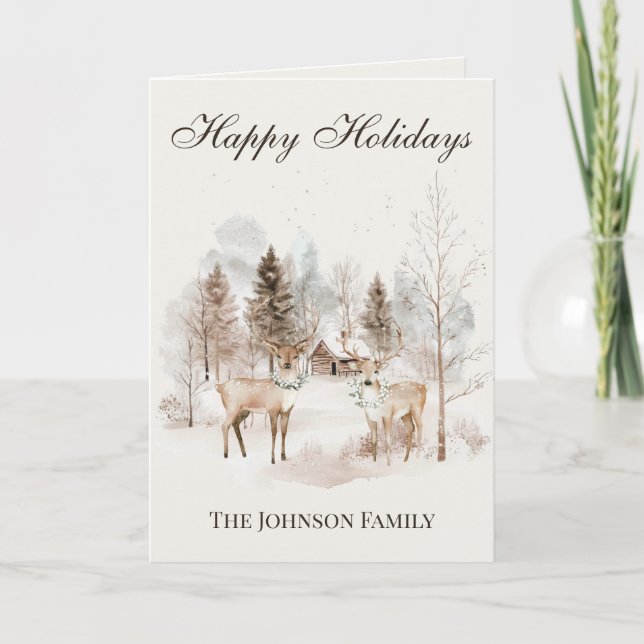 Rustic Watercolor Deer Winter Forest Christmas Card (Front)