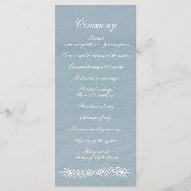 Rustic Watercolor Dusty Blue Nature Leafy Wedding Programme (Front)