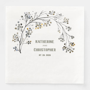 Rustic Watercolor Dusty Blue Tree Branch & Berries Napkin