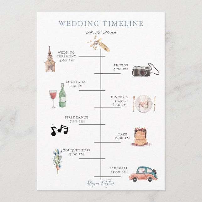 Rustic Watercolor Dusty Blue Wedding Timeline Programme (Front)