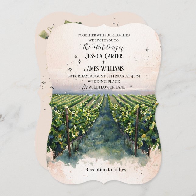Rustic Watercolor Elegant Vineyard Wedding Invitation (Front/Back)