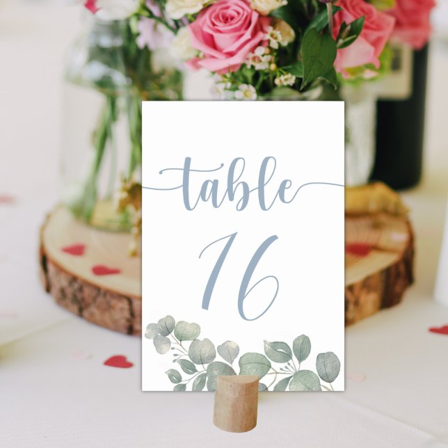 Rustic Watercolor Eucalyptus Dusty Blue Wedding Table Number (Creator Uploaded)