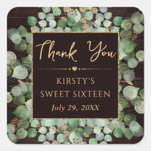 Rustic Watercolor Eucalyptus Foliage Sweet 16 Square Sticker