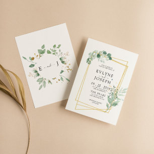Rustic Watercolor Eucalyptus Gold Frame Wedding Invitation