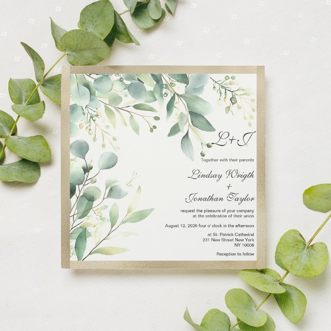 Rustic watercolor eucalyptus greenery gold Wedding Invitation (Watercolor rustic eucalyptus greenery gold Wedding )