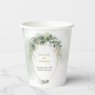 Rustic watercolor eucalyptus greenery gold wedding paper cups