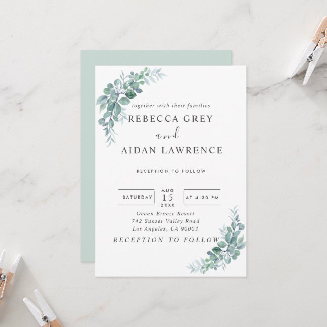 Rustic Watercolor Eucalyptus Greenery Wedding Invitation (Front/Back In Situ)