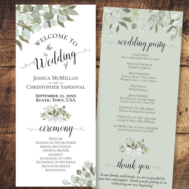 Rustic Watercolor Eucalyptus & Greenery Wedding Programme (Front/Back)