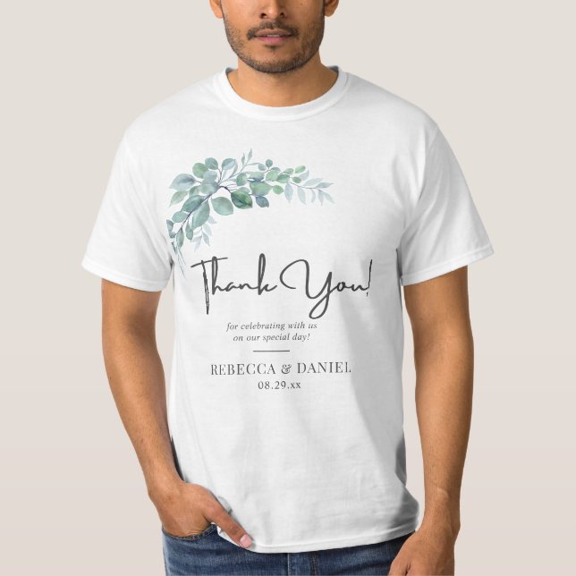 Rustic Watercolor Eucalyptus Greenery Wedding T-Shirt (Front)