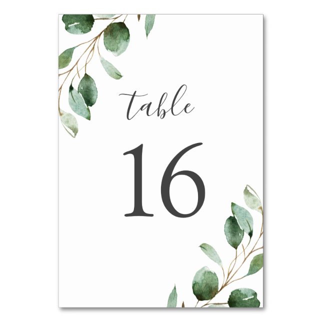 Rustic Watercolor Eucalyptus Greenery Wedding Table Number (Front)