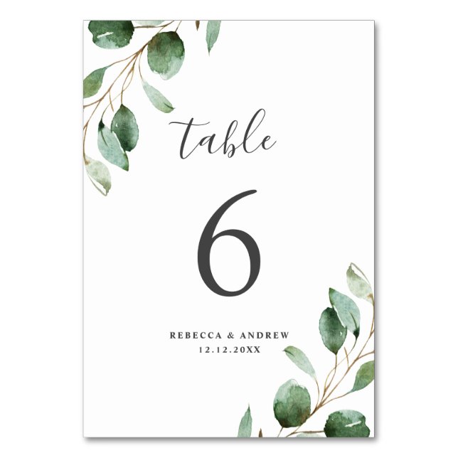 Rustic Watercolor Eucalyptus Greenery Wedding Table Number (Front)