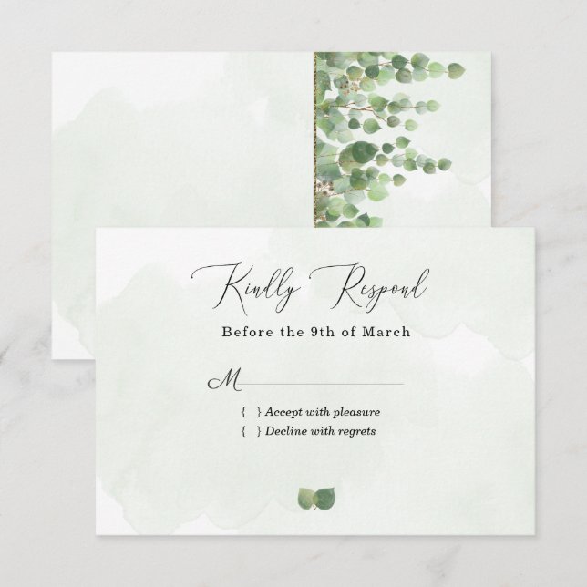 Rustic Watercolor Eucalyptus Leaves Wedding RSVP C Card (Front/Back)