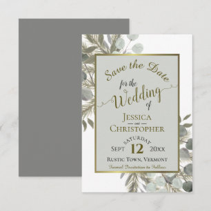 Rustic Watercolor Eucalyptus & Pine Grey Wedding Save The Date