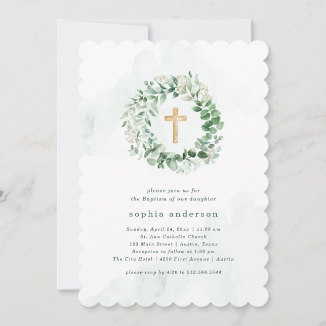 Rustic Watercolor Eucalyptus with Green | Baptism Invitation (Front)