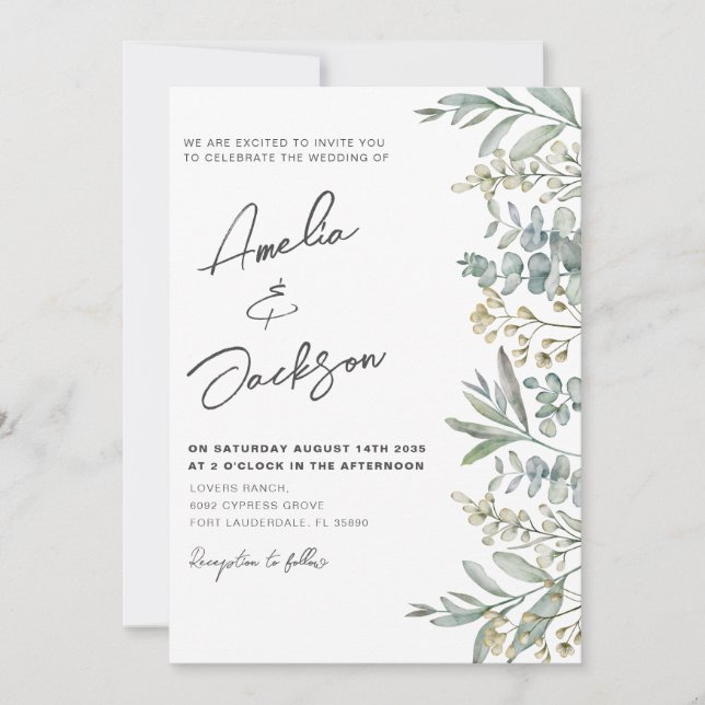 Rustic Watercolor Eucalyputs Greenery Wedding Invi Invitation (Front)