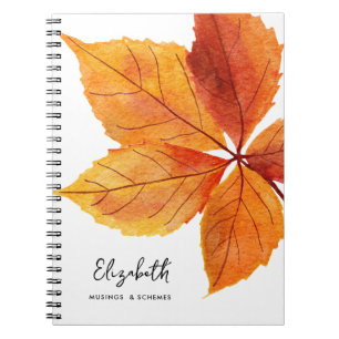 Rustic Watercolor Fall Autumn Leaf Monogram Notebook