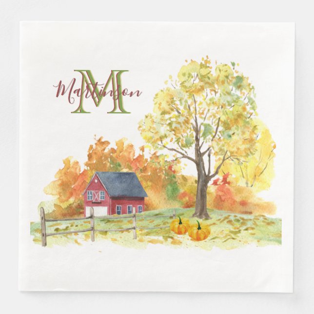 Rustic Watercolor Fall Country Monogram Name   Napkin (Front)